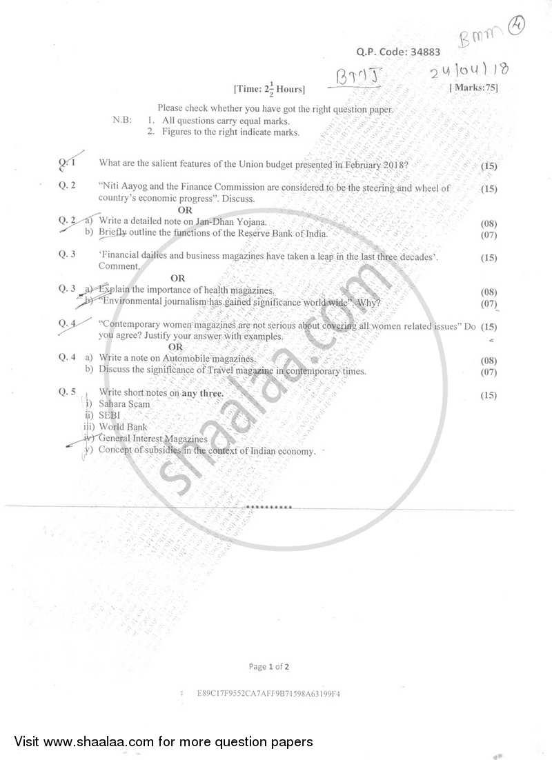 Journalism Paper 3 Business and Magazine Journalism 2017-2018 Semester 6 - University of Mumbai question paper with PDF download