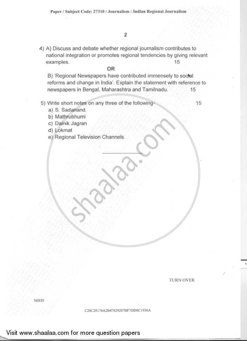 Journalism paper 5 Indian Regional Journalism 2018-2019 Semester 5 - University of Mumbai question paper with PDF download