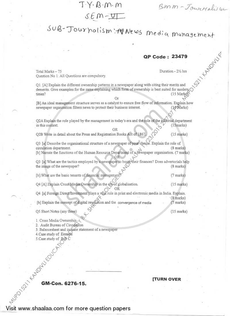 Journalism Paper 5 News Media Management 2015-2016 Semester 6 - University of Mumbai question paper with PDF download