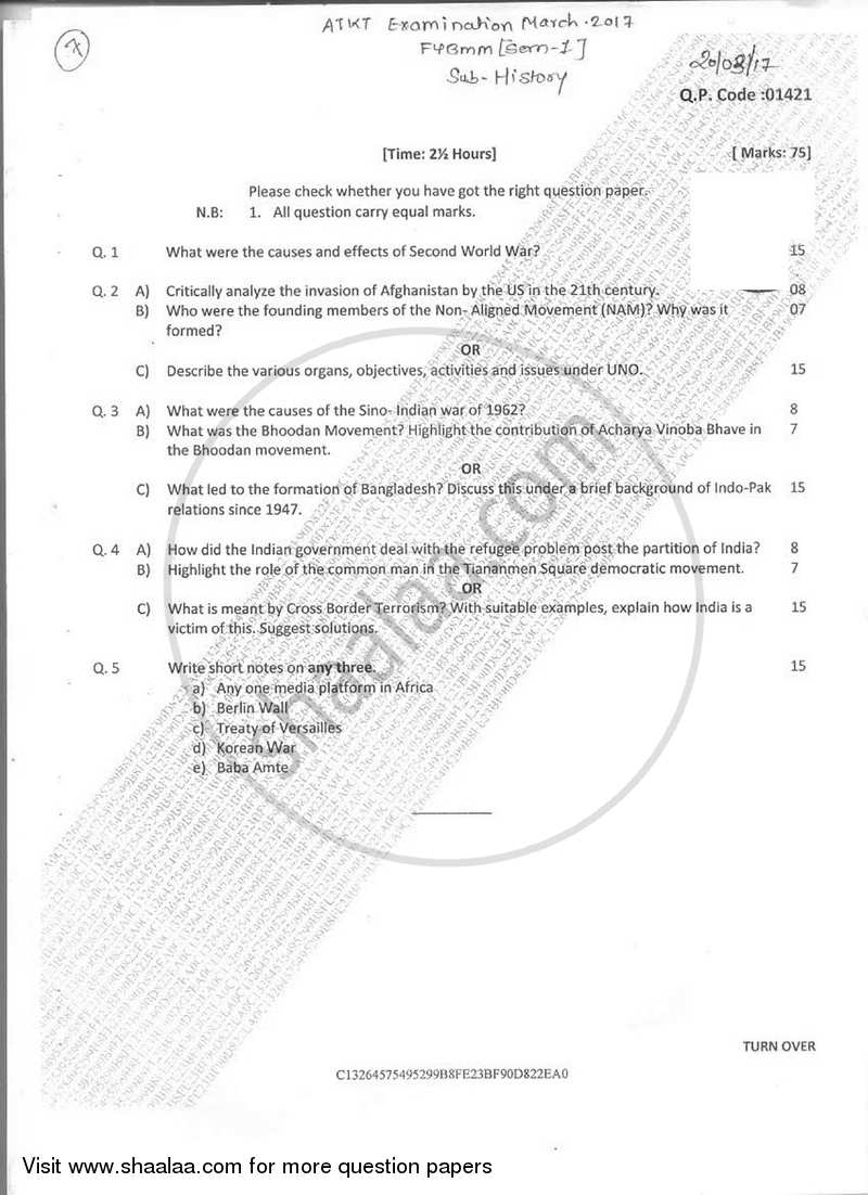 Landmark Events in 20th Century History of World, India and Maharashtra 2016-2017 Semester 1 - University of Mumbai question paper with PDF download