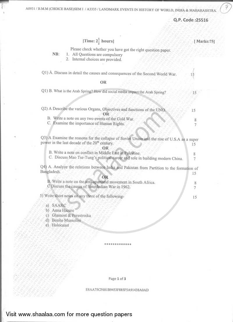 Landmark Events in 20th Century History of World, India and Maharashtra 2017-2018 Semester 1 - University of Mumbai question paper with PDF download