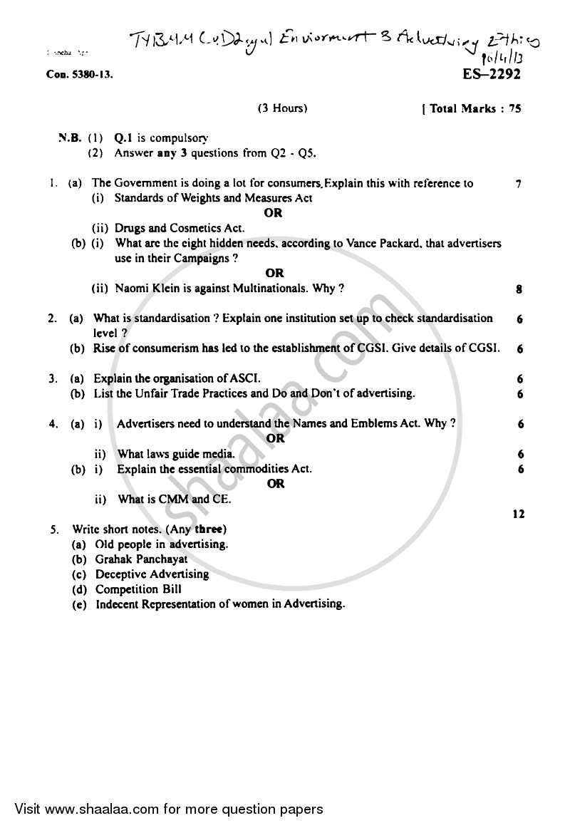 Legal Environment and Advertising Ethics 2012-2013 Semester 6 - University of Mumbai question paper with PDF download