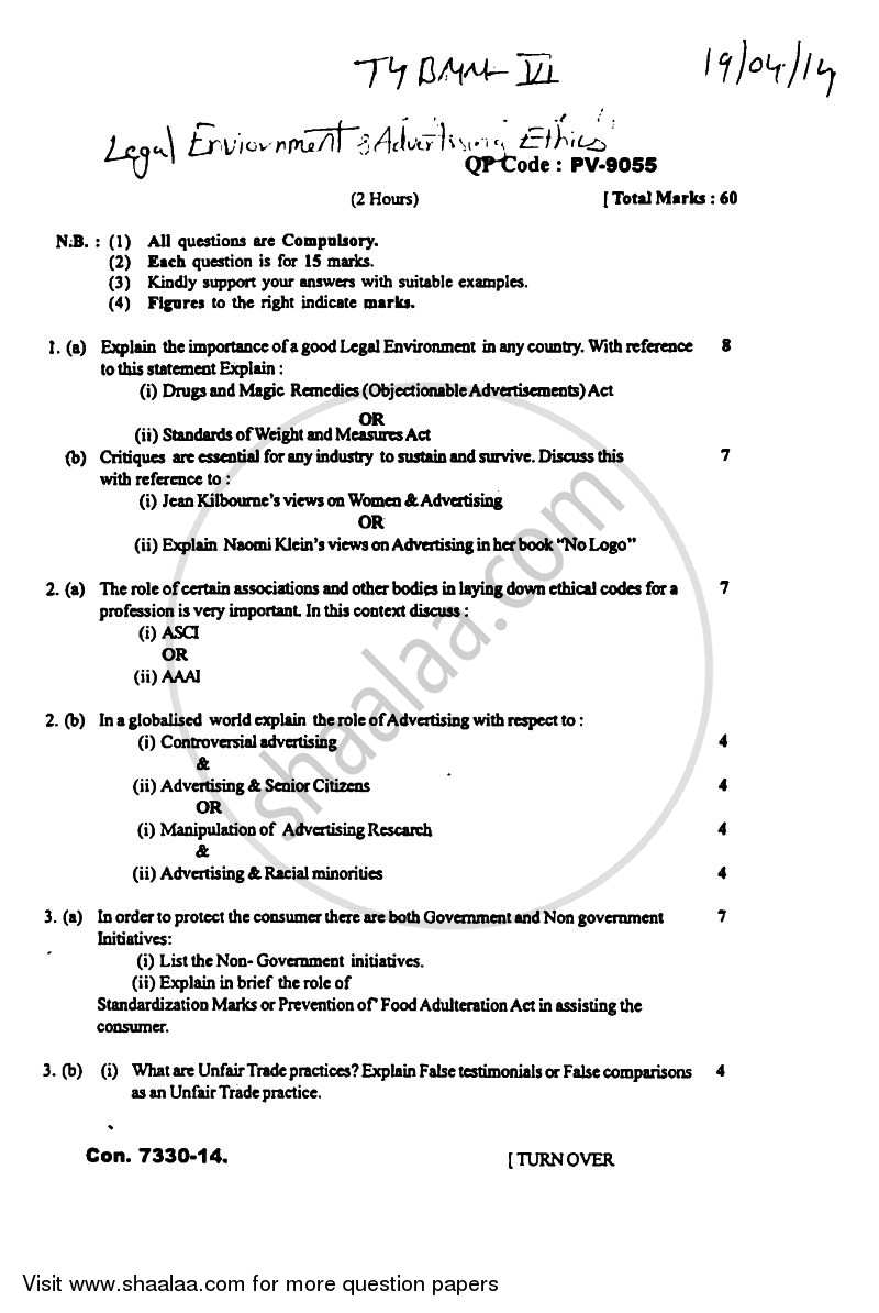Legal Environment and Advertising Ethics 2013-2014 Semester 6 - University of Mumbai question paper with PDF download