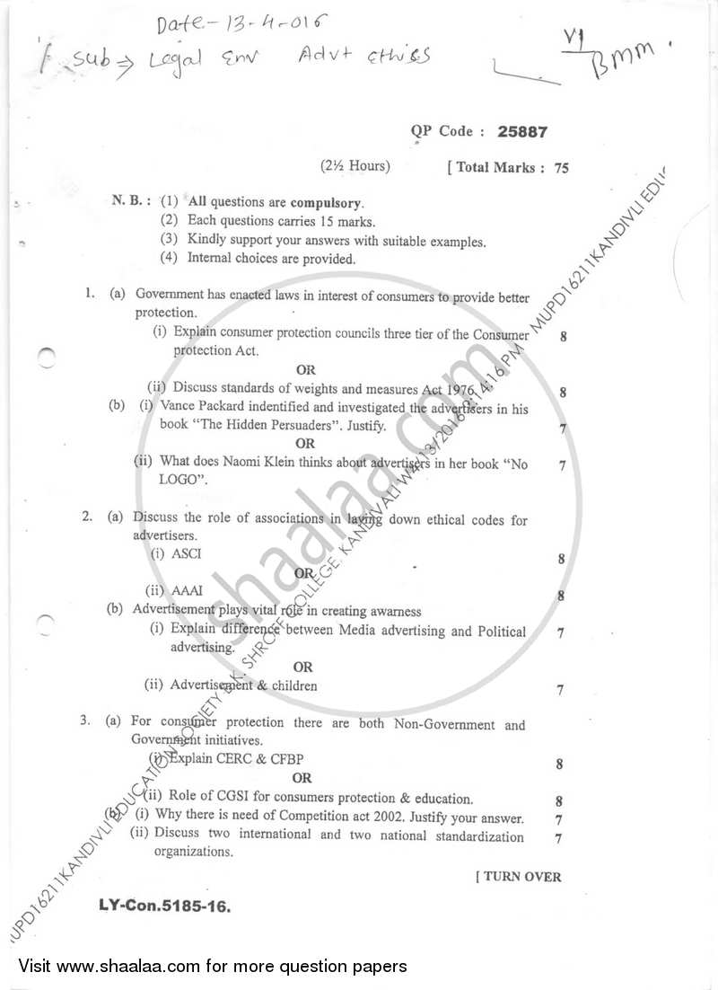 Legal Environment and Advertising Ethics 2015-2016 Semester 6 - University of Mumbai question paper with PDF download