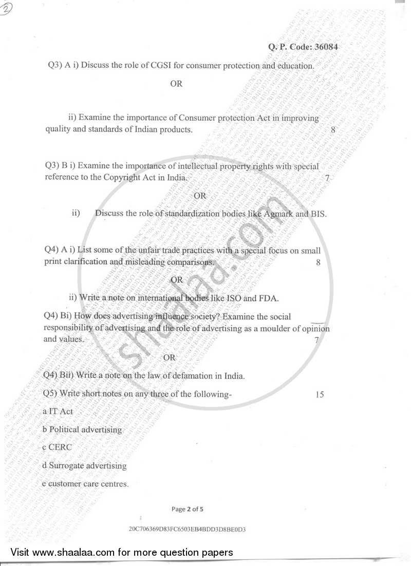 Legal Environment and Advertising Ethics 2017-2018 Semester 6 - University of Mumbai question paper with PDF download