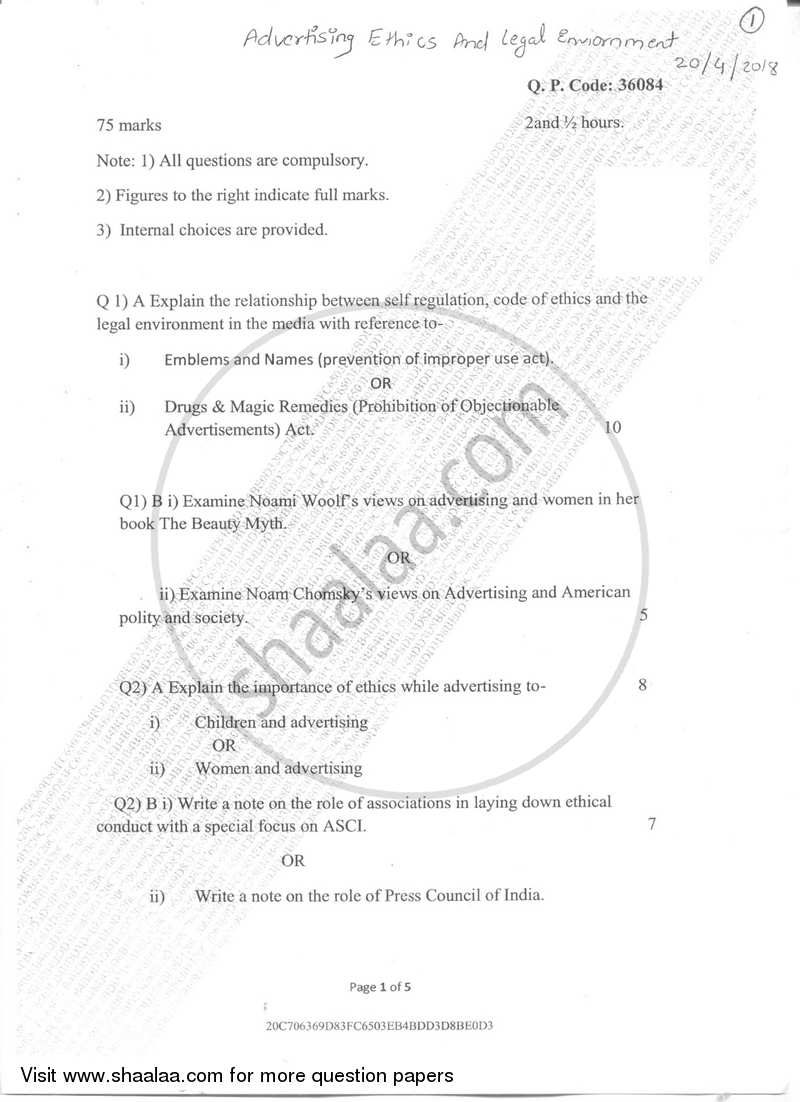 Legal Environment and Advertising Ethics 2017-2018 Semester 6 - University of Mumbai question paper with PDF download