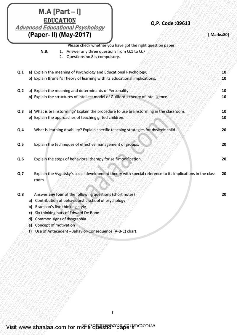 Advanced Educational Psychology 2016-2017 - M.A. - Part 1 - University of Mumbai question paper with PDF download