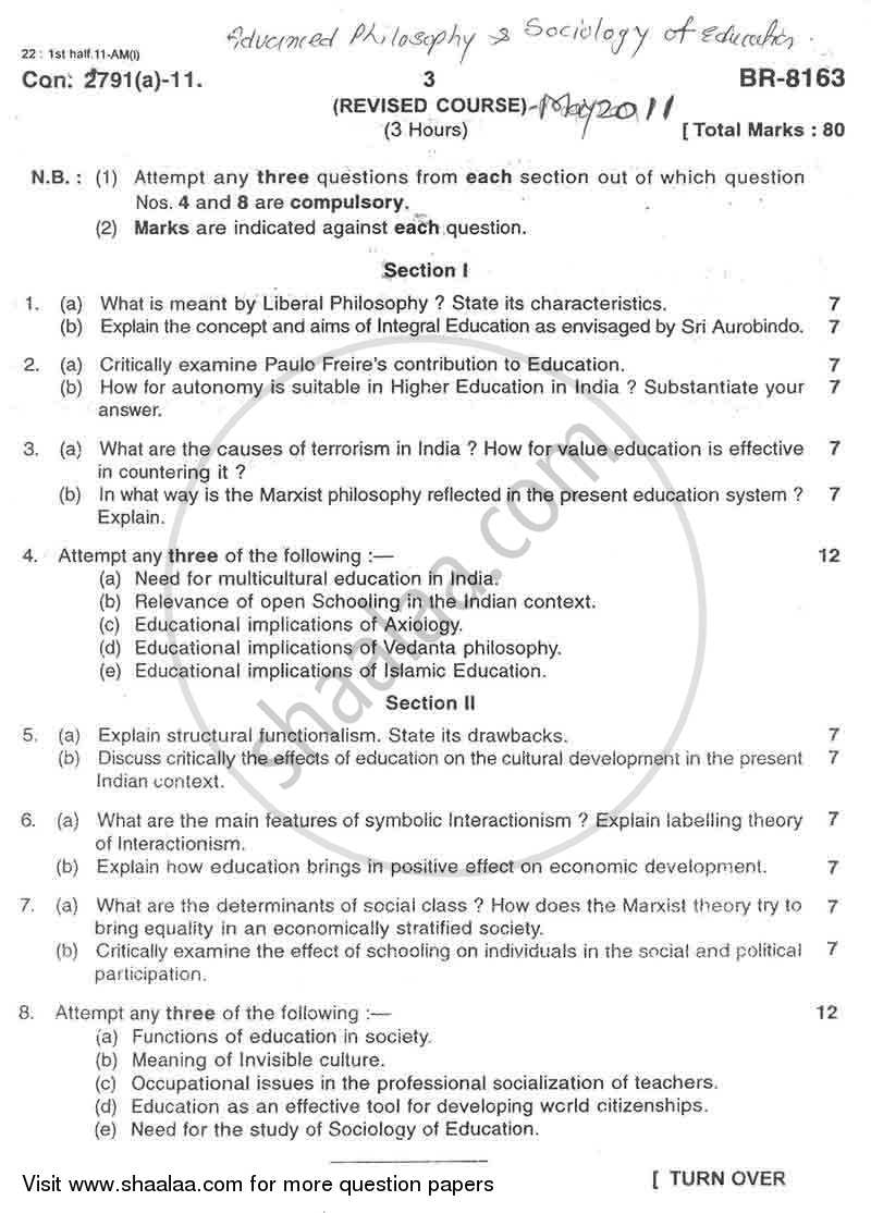 Advanced Philosophy and Sociology of Education 2010-2011 - M.A. - Part 1 - University of Mumbai question paper with PDF download