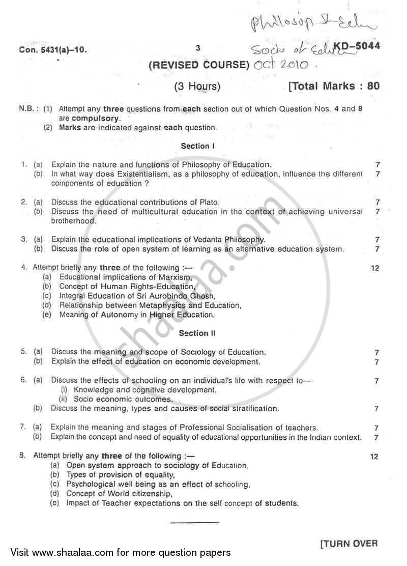 Advanced Philosophy and Sociology of Education 2010-2011 - M.A. - Part 1 - University of Mumbai question paper with PDF download