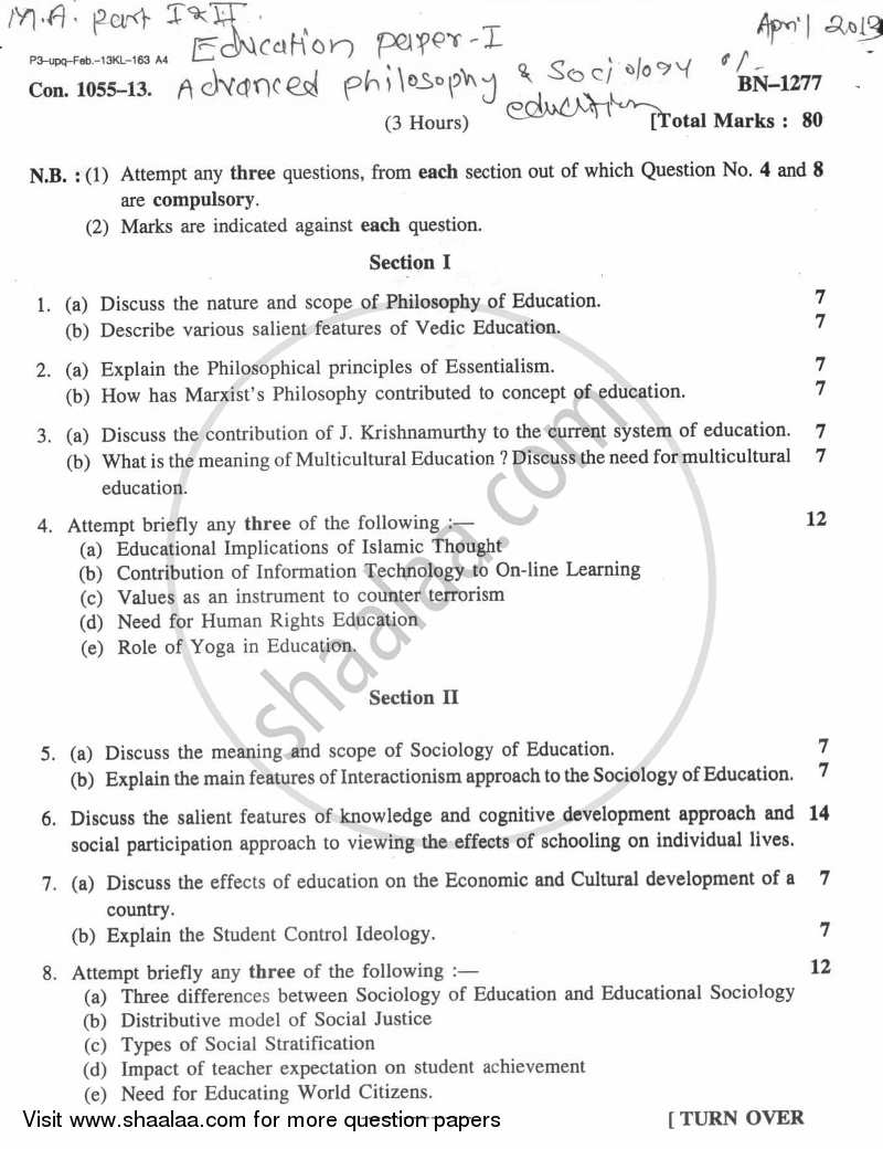 Advanced Philosophy and Sociology of Education 2012-2013 - M.A. - Part 1 - University of Mumbai question paper with PDF download