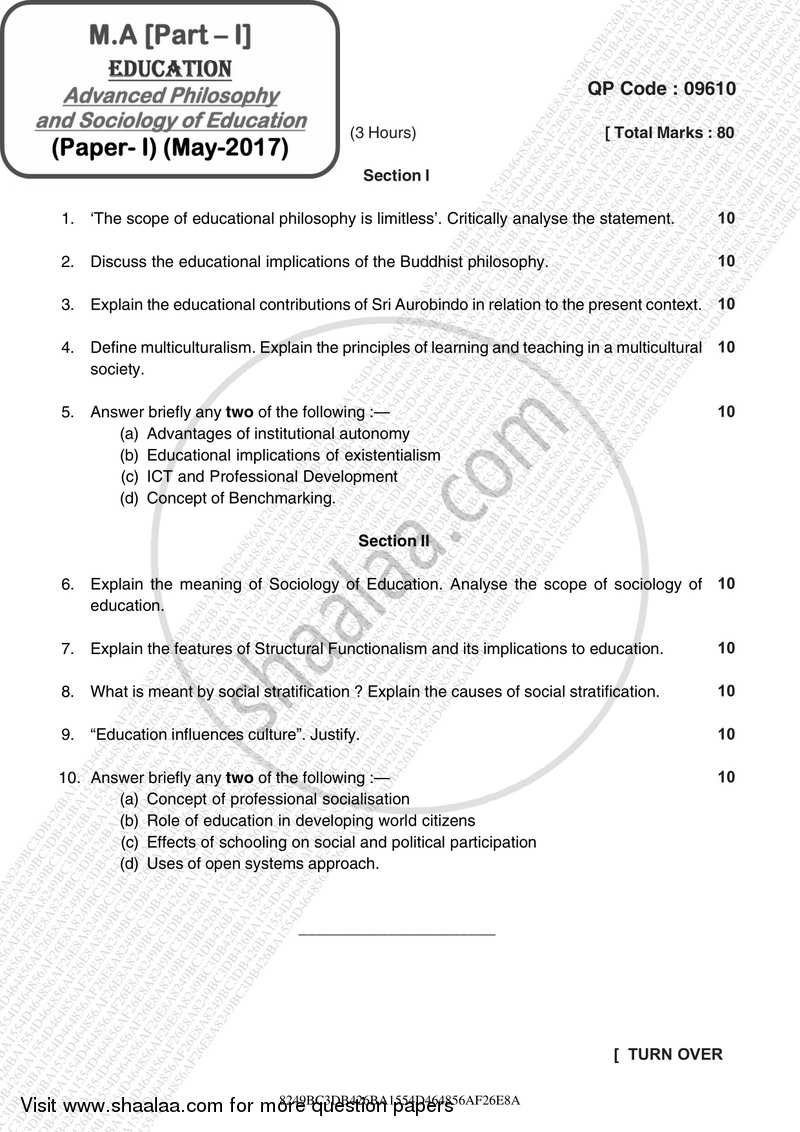 Advanced Philosophy and Sociology of Education 2016-2017 - M.A. - Part 1 - University of Mumbai question paper with PDF download
