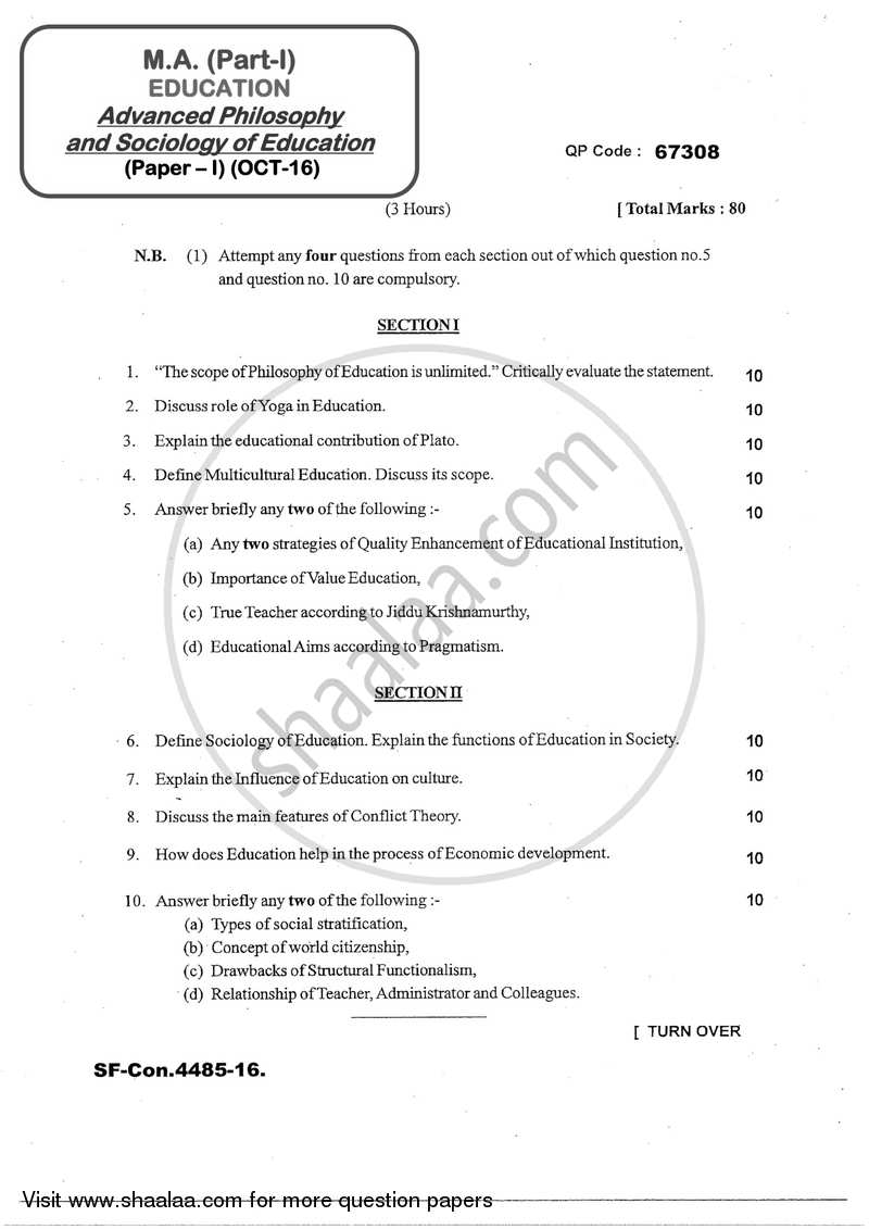 Advanced Philosophy and Sociology of Education 2016-2017 - M.A. - Part 1 - University of Mumbai question paper with PDF download