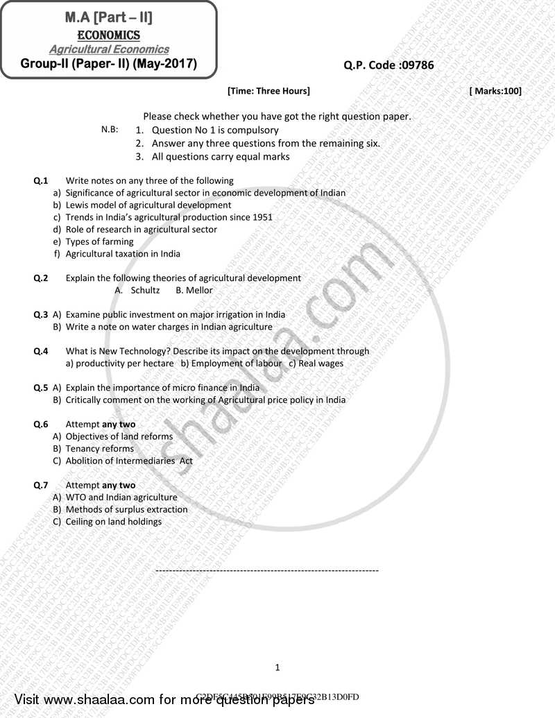 Agricultural Economics (Agricultural Growth and Development) 2016-2017 - M.A. - Part 2 - University of Mumbai question paper with PDF download
