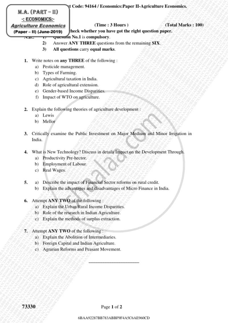 Agricultural Economics (Agricultural Growth and Development) 2018-2019 - M.A. - Part 2 - University of Mumbai question paper with PDF download