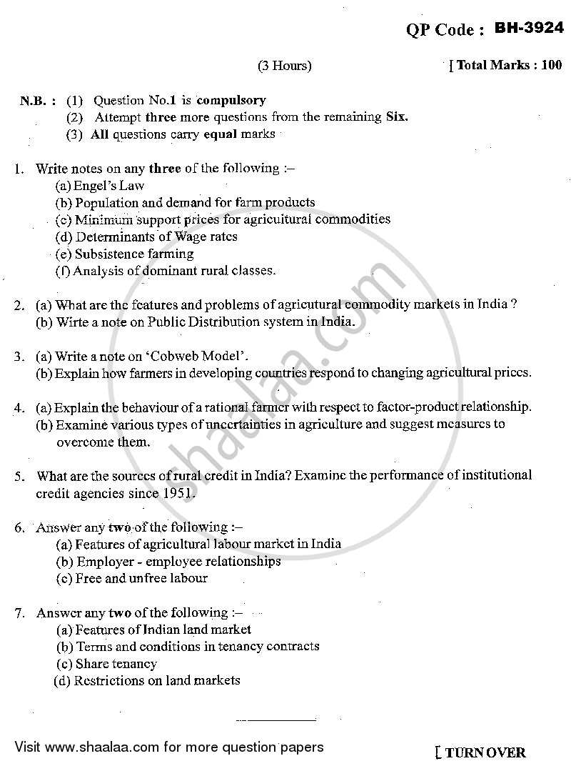 Agricultural Economics 2013-2014 - M.A. - Part 1 - University of Mumbai question paper with PDF download