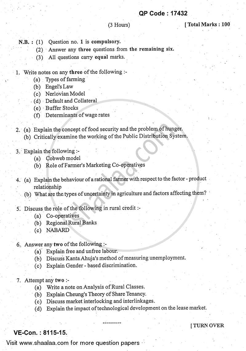 Agricultural Economics 2014-2015 - M.A. - Part 1 - University of Mumbai question paper with PDF download