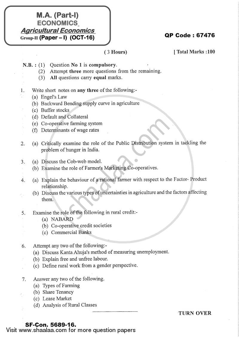 Agricultural Economics 2016-2017 - M.A. - Part 1 - University of Mumbai question paper with PDF download