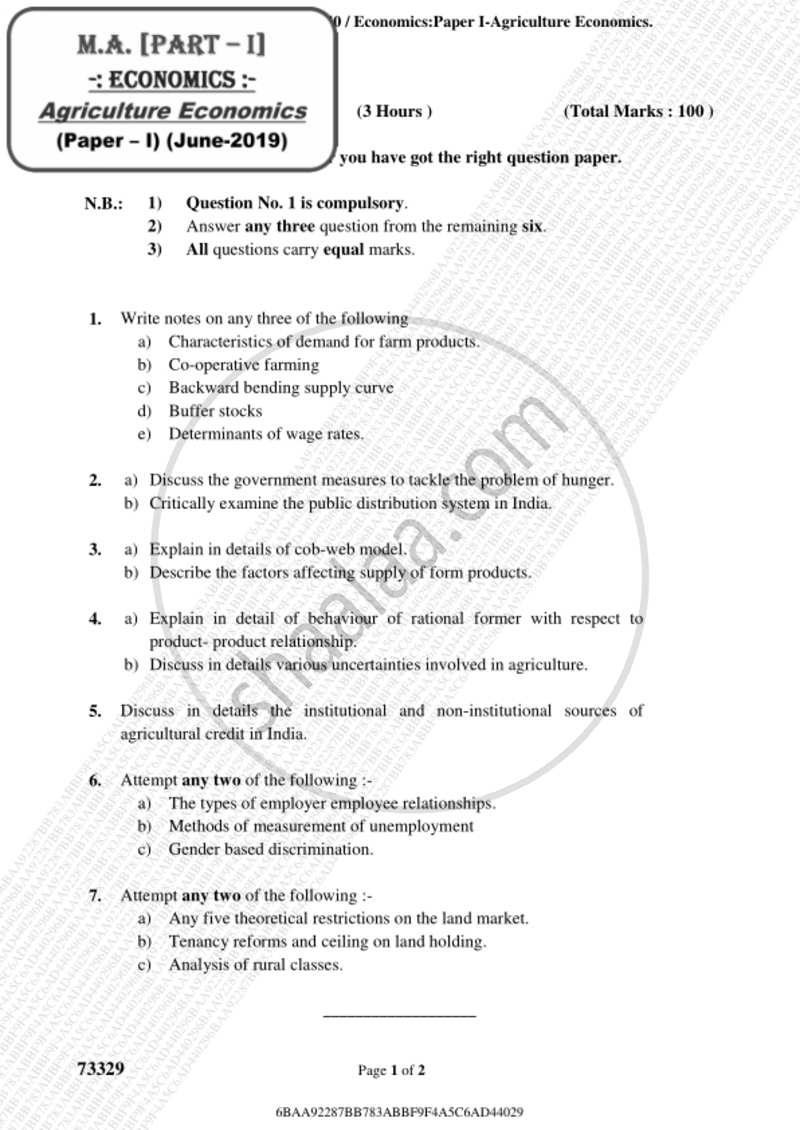 Agricultural Economics 2018-2019 - M.A. - Part 1 - University of Mumbai question paper with PDF download