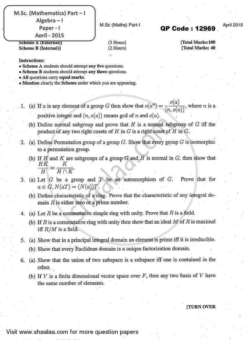 Algebra - 1 2014-2015 - M.A. - Part 1 - University of Mumbai question paper with PDF download