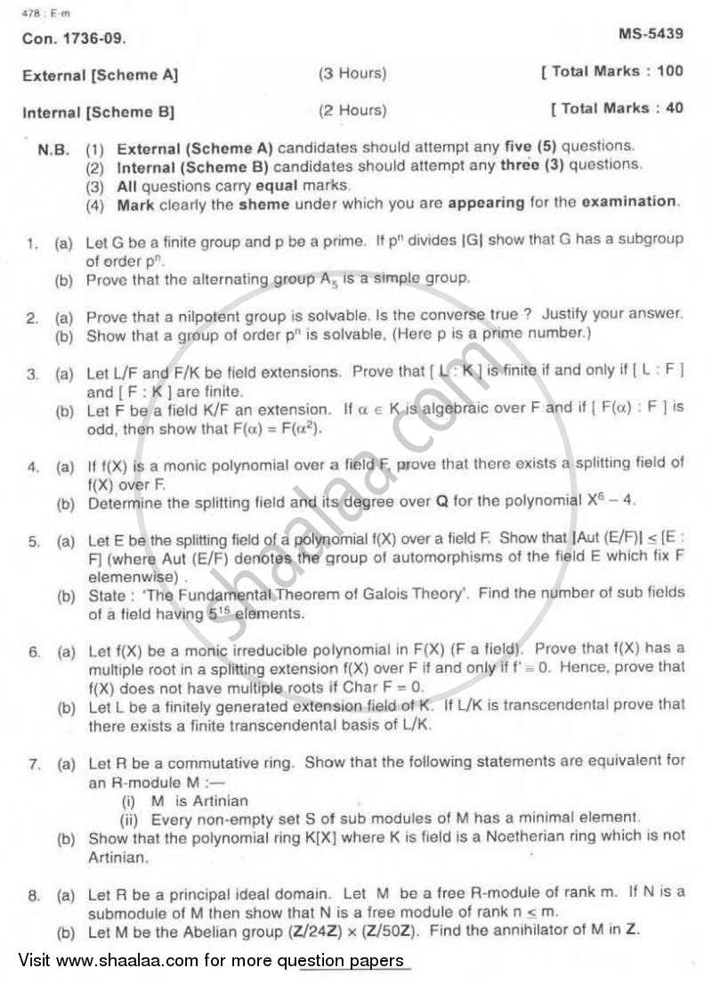 Algebra - 2 2008-2009 - M.A. - Part 2 - University of Mumbai question paper with PDF download