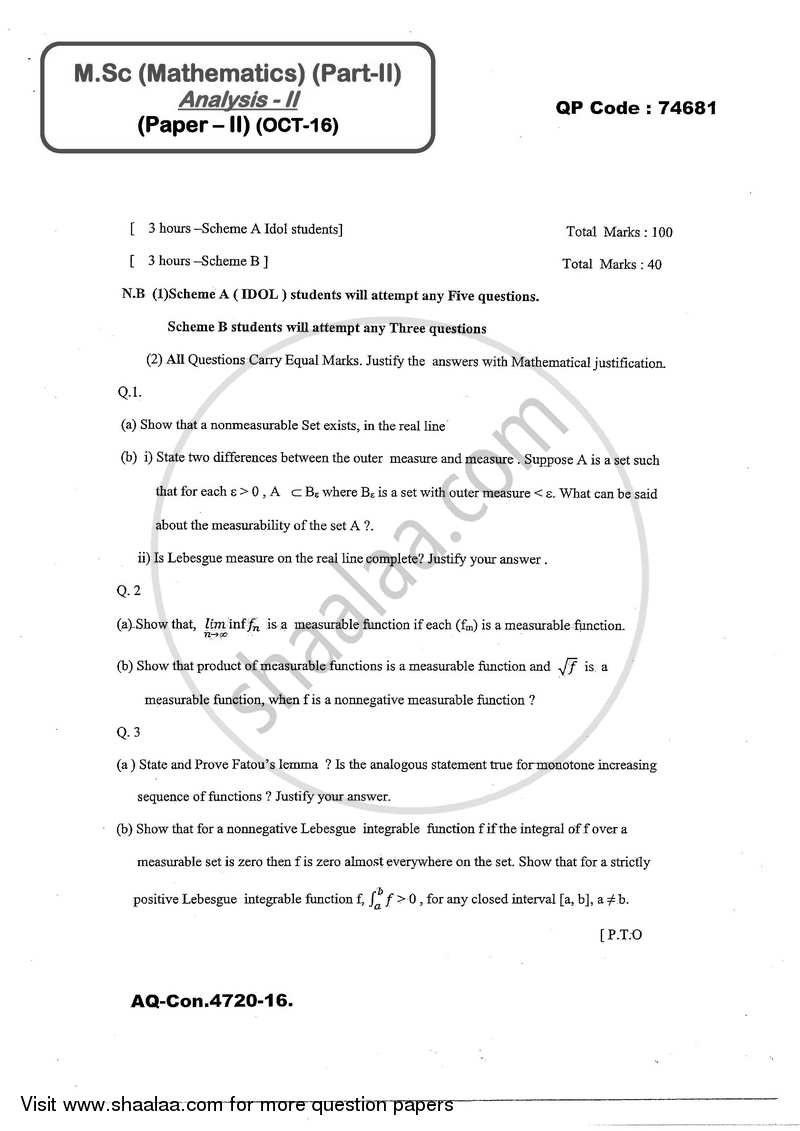 Analysis 2 and Fourier Analysis 2016-2017 - M.A. - Part 2 - University of Mumbai question paper with PDF download