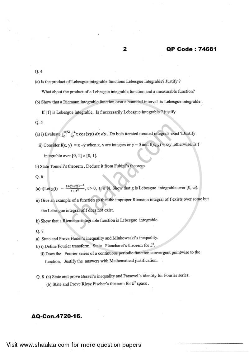 Analysis 2 and Fourier Analysis 2016-2017 - M.A. - Part 2 - University of Mumbai question paper with PDF download