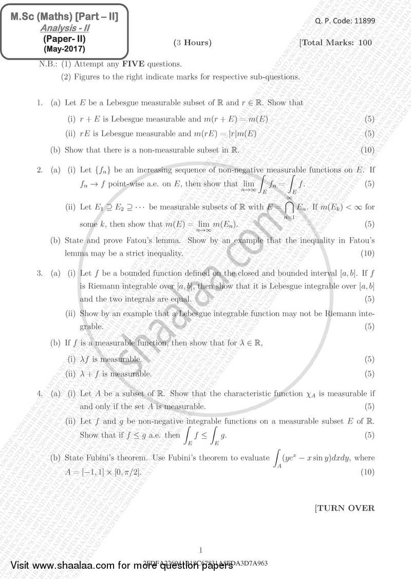 Analysis 2 and Fourier Analysis 2016-2017 - M.A. - Part 2 - University of Mumbai question paper with PDF download