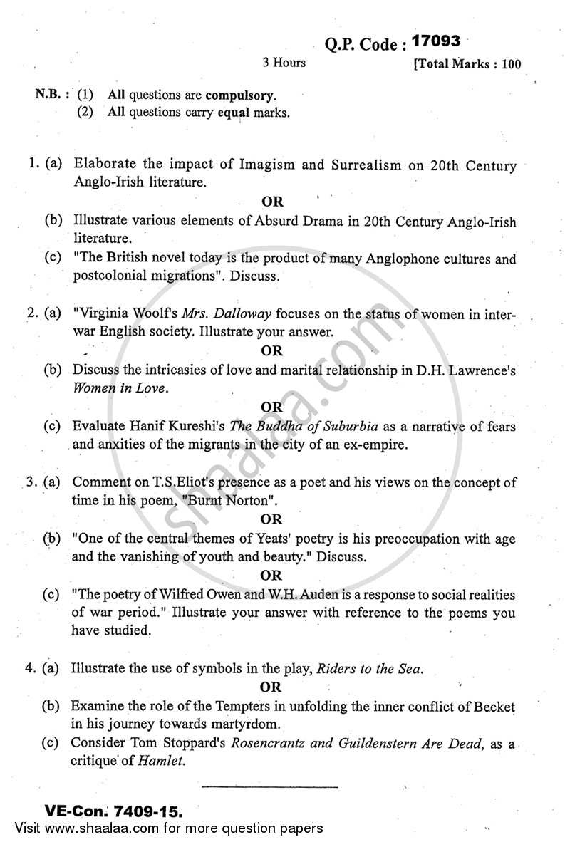 Anglo-irish Literature of the Twentieth Century 2014-2015 - M.A. - Part 2 - University of Mumbai question paper with PDF download