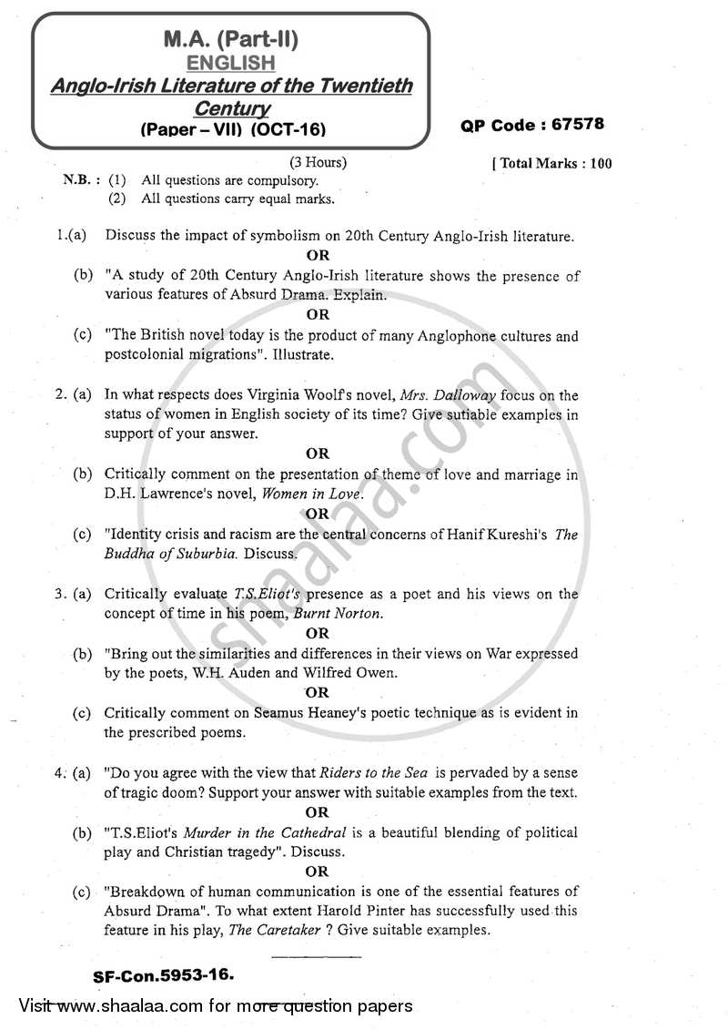 Anglo-irish Literature of the Twentieth Century 2016-2017 - M.A. - Part 2 - University of Mumbai question paper with PDF download