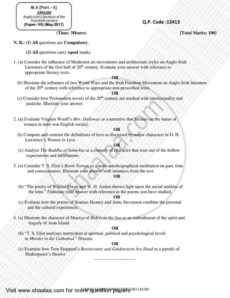 Anglo-irish Literature of the Twentieth Century 2016-2017 - M.A. - Part 2 - University of Mumbai question paper with PDF download