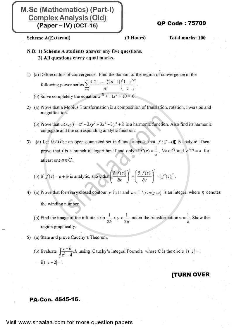 Complex Analysis 2016-2017 - M.A. - Part 1 - University of Mumbai question paper with PDF download