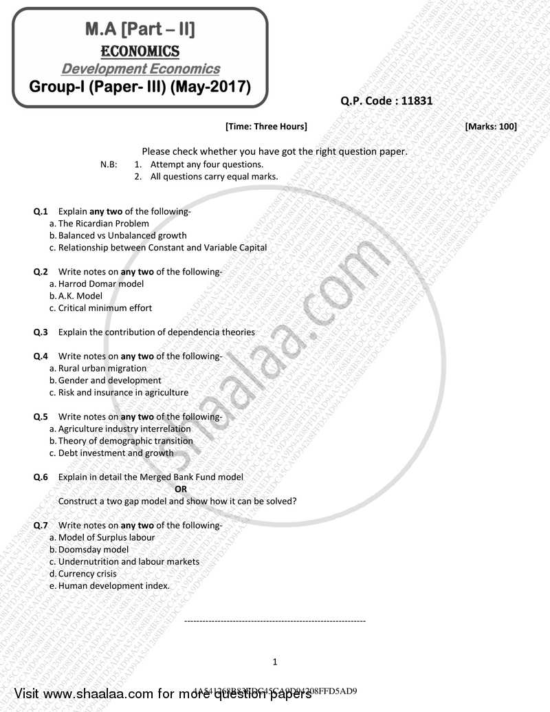 Development Economics 2016-2017 - M.A. - Part 2 - University of Mumbai question paper with PDF download