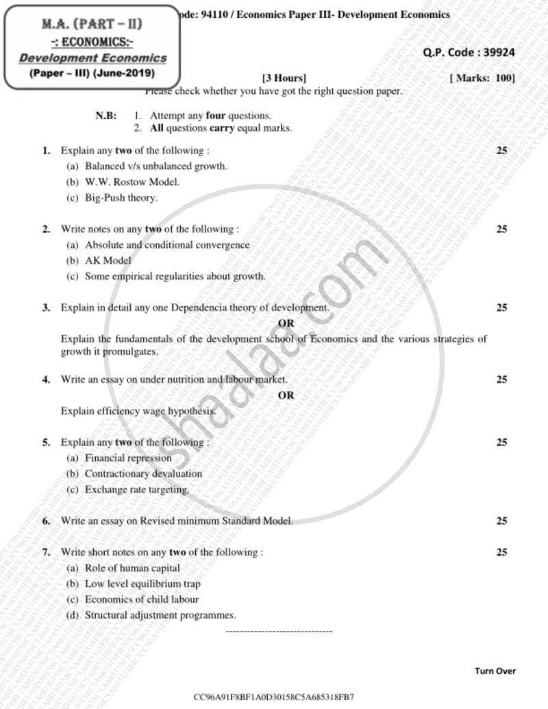 Development Economics 2018-2019 - M.A. - Part 2 - University of Mumbai question paper with PDF download
