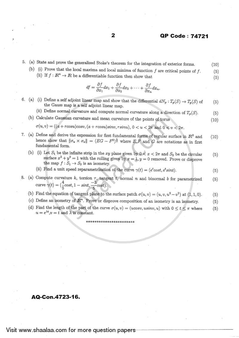 Differential Geometry 2016-2017 - M.A. - Part 2 - University of Mumbai question paper with PDF download