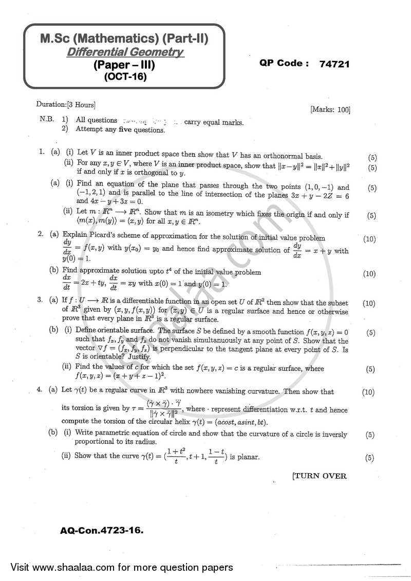 Differential Geometry 2016-2017 - M.A. - Part 2 - University of Mumbai question paper with PDF download