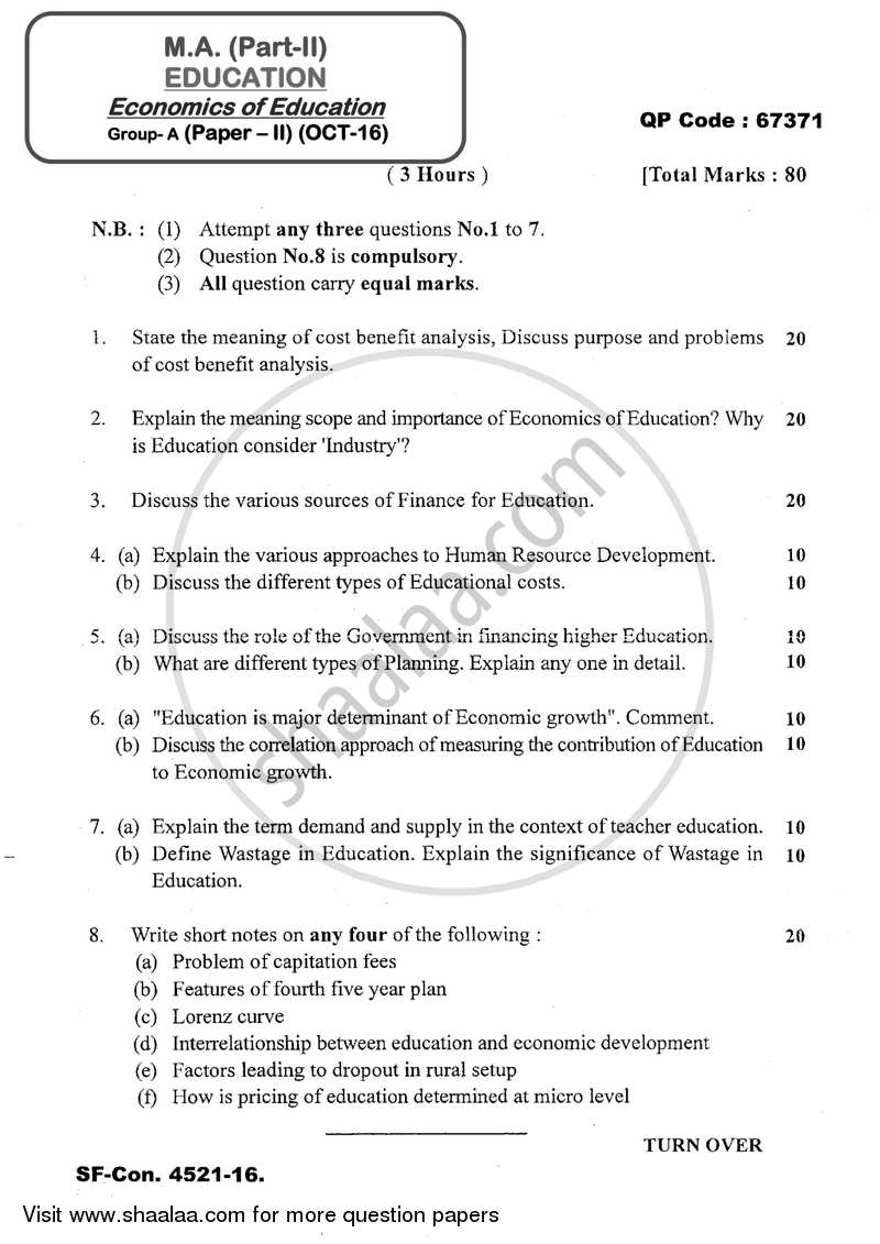 Economics of Education 2016-2017 - M.A. - Part 2 - University of Mumbai question paper with PDF download