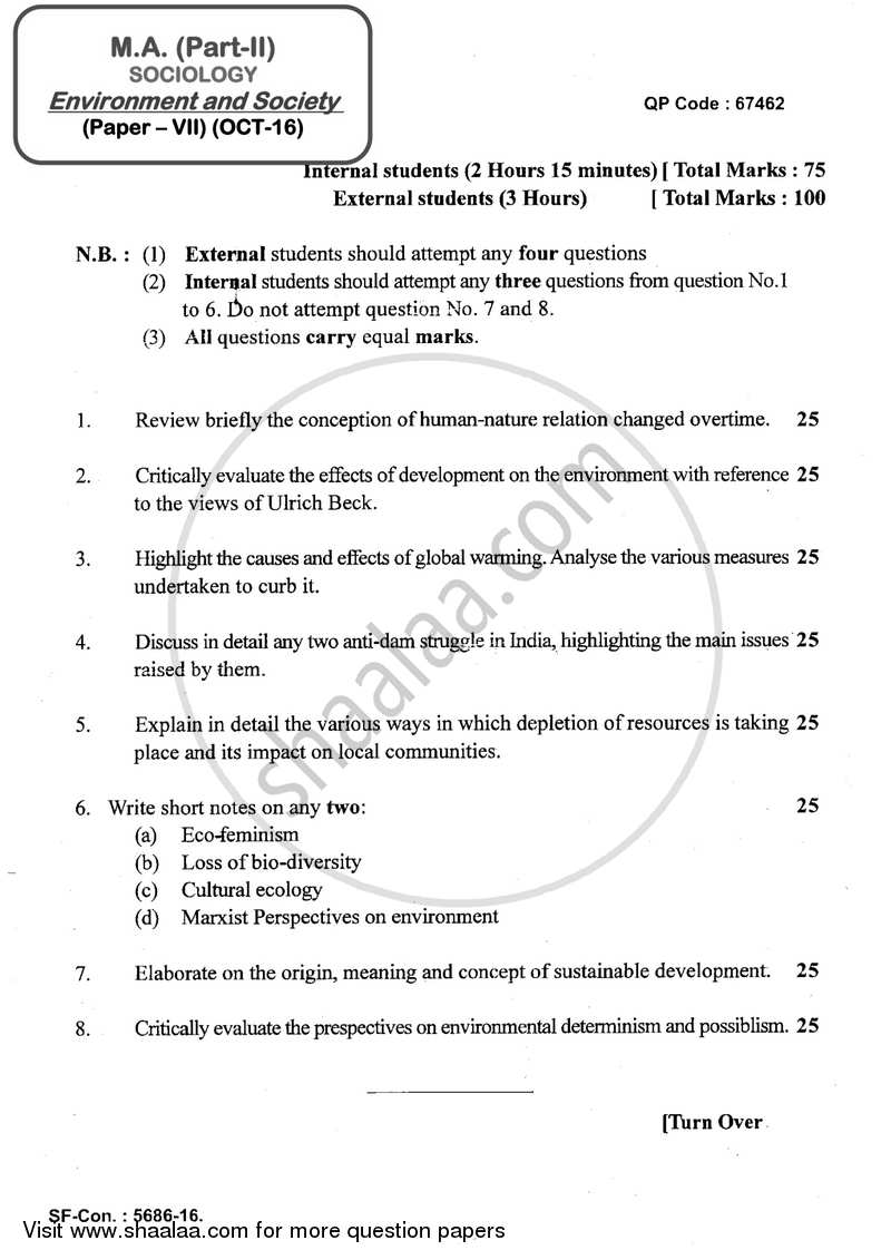 Environment and Society 2016-2017 - M.A. - Part 2 - University of Mumbai question paper with PDF download