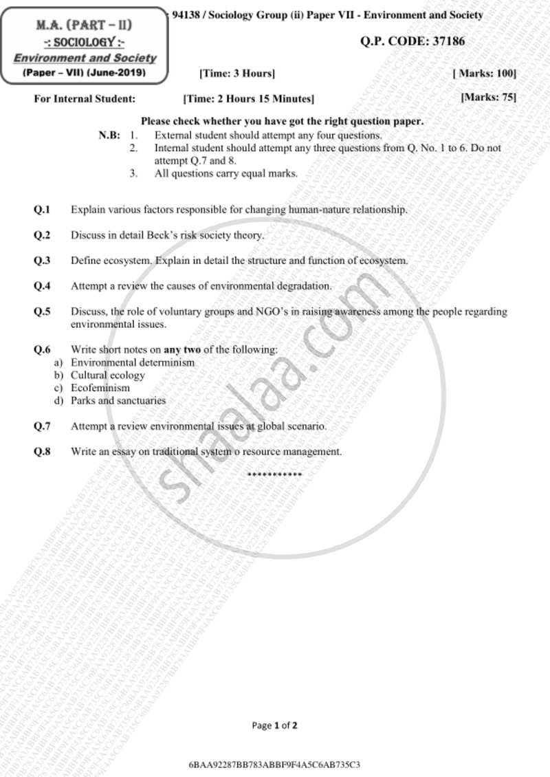 Environment and Society 2018-2019 - M.A. - Part 2 - University of Mumbai question paper with PDF download