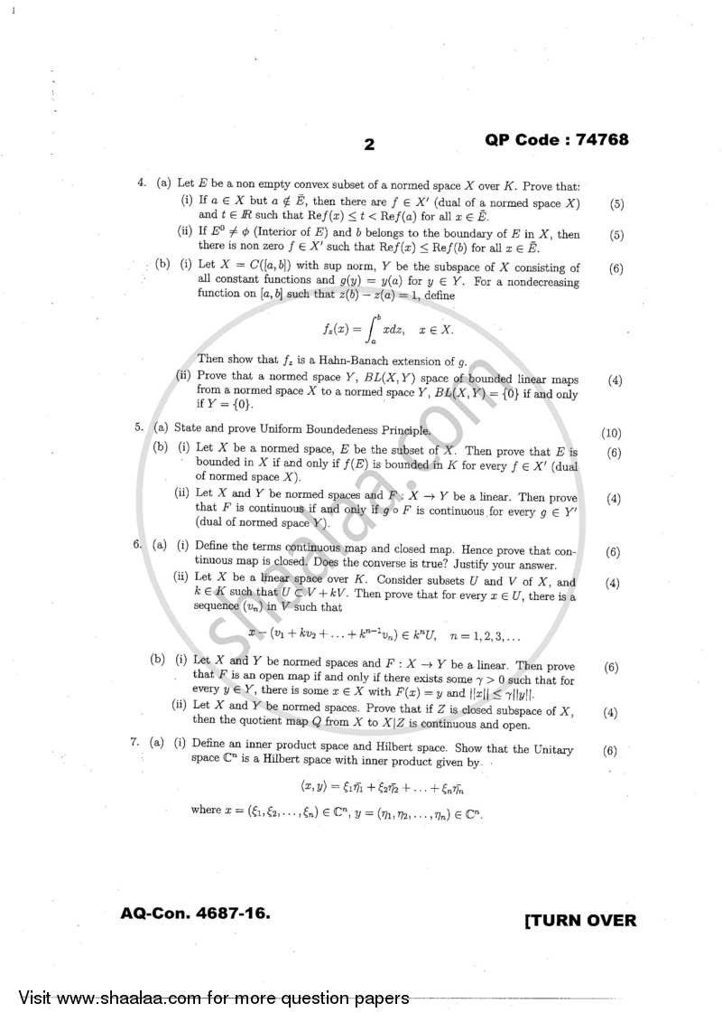 Functional Analysis 2016-2017 - M.A. - Part 2 - University of Mumbai question paper with PDF download