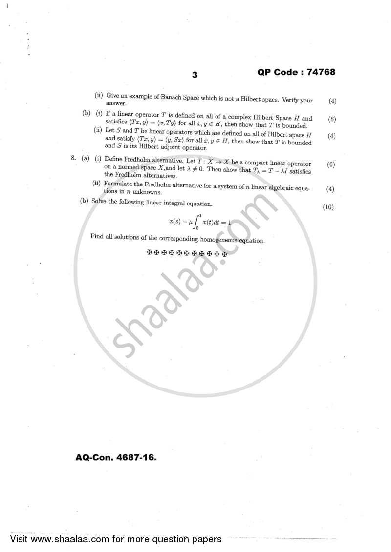 Functional Analysis 2016-2017 - M.A. - Part 2 - University of Mumbai question paper with PDF download