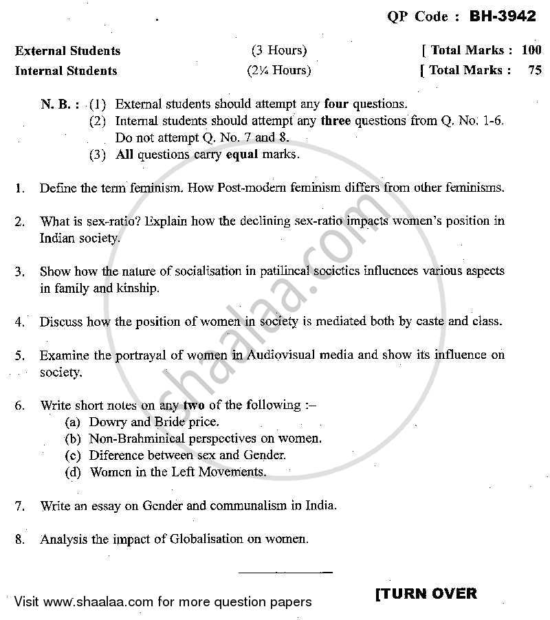 Gender and Society 2013-2014 - M.A. - Part 2 - University of Mumbai question paper with PDF download