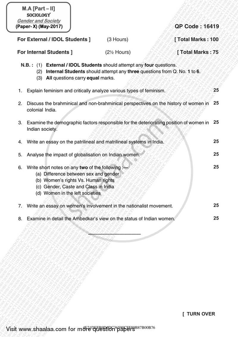 Gender and Society 2016-2017 - M.A. - Part 2 - University of Mumbai question paper with PDF download