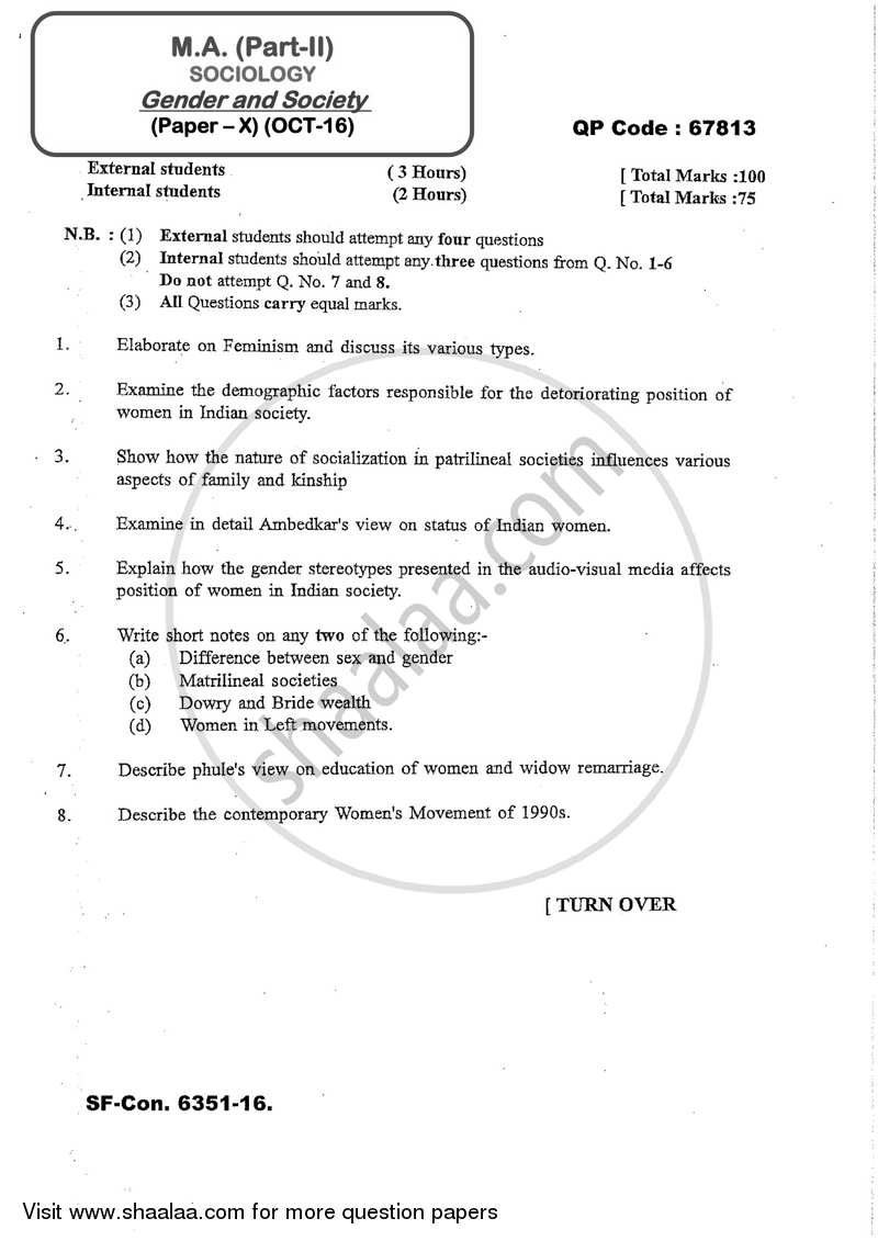 Gender and Society 2016-2017 - M.A. - Part 2 - University of Mumbai question paper with PDF download