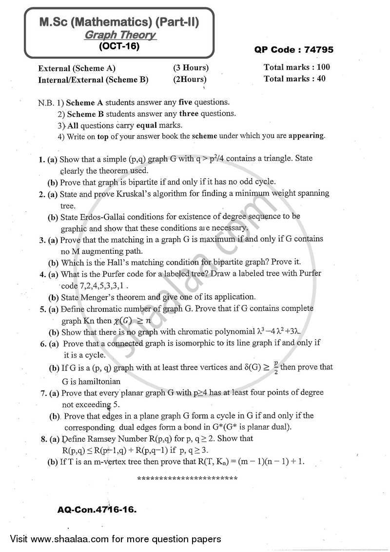 Graph Theory 2016-2017 - M.A. - Part 2 - University of Mumbai question paper with PDF download