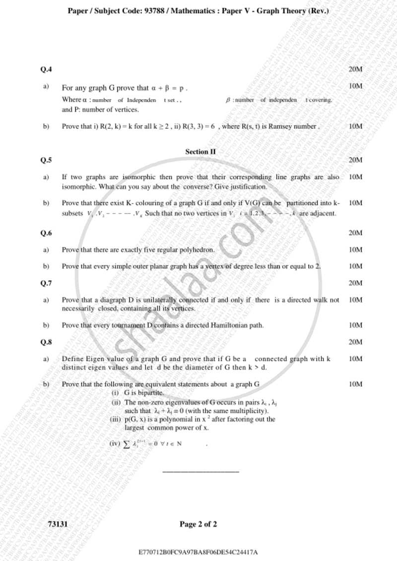 Graph Theory 2018-2019 - M.A. - Part 2 - University of Mumbai question paper with PDF download