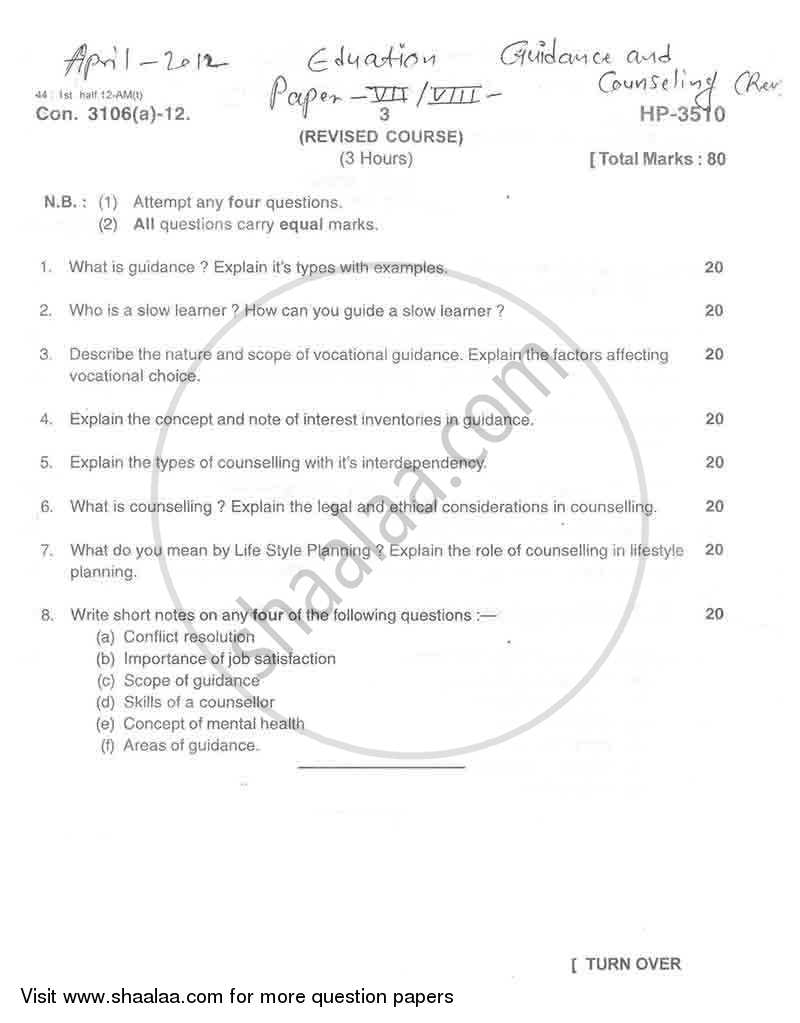 Guidance and Counseling 2011-2012 - M.A. - Part 2 - University of Mumbai question paper with PDF download