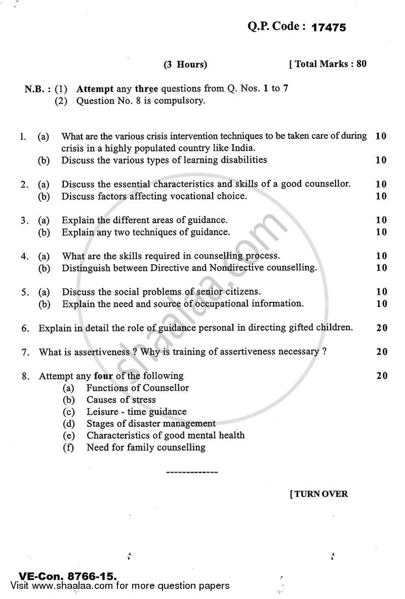 Guidance and Counseling 2014-2015 - M.A. - Part 2 - University of Mumbai question paper with PDF download