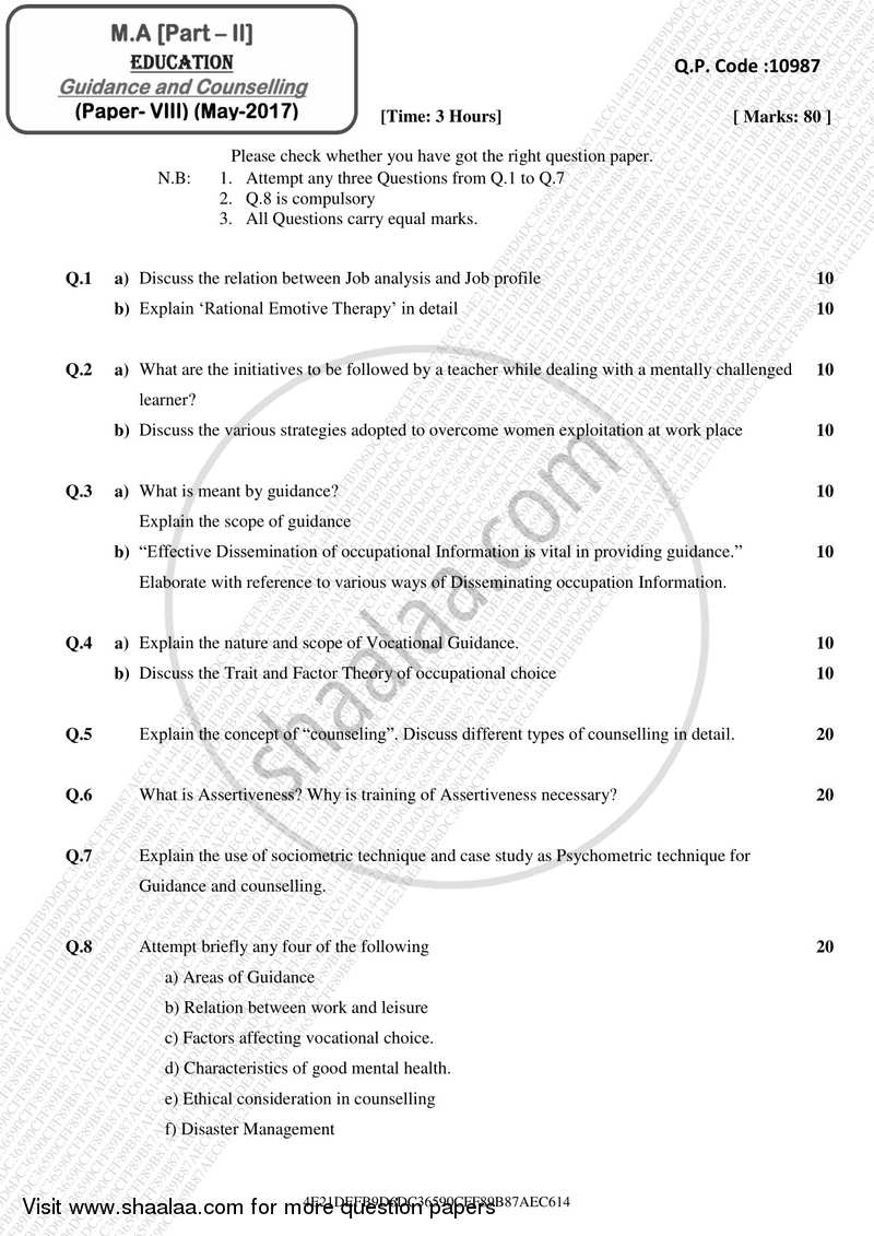 Guidance and Counseling 2016-2017 - M.A. - Part 2 - University of Mumbai question paper with PDF download