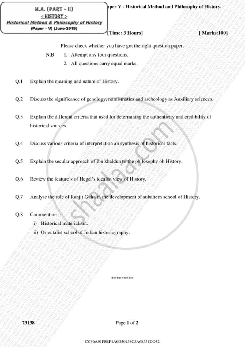Historical Method and Philosophy of History 2018-2019 - M.A. - Part 2 - University of Mumbai question paper with PDF download