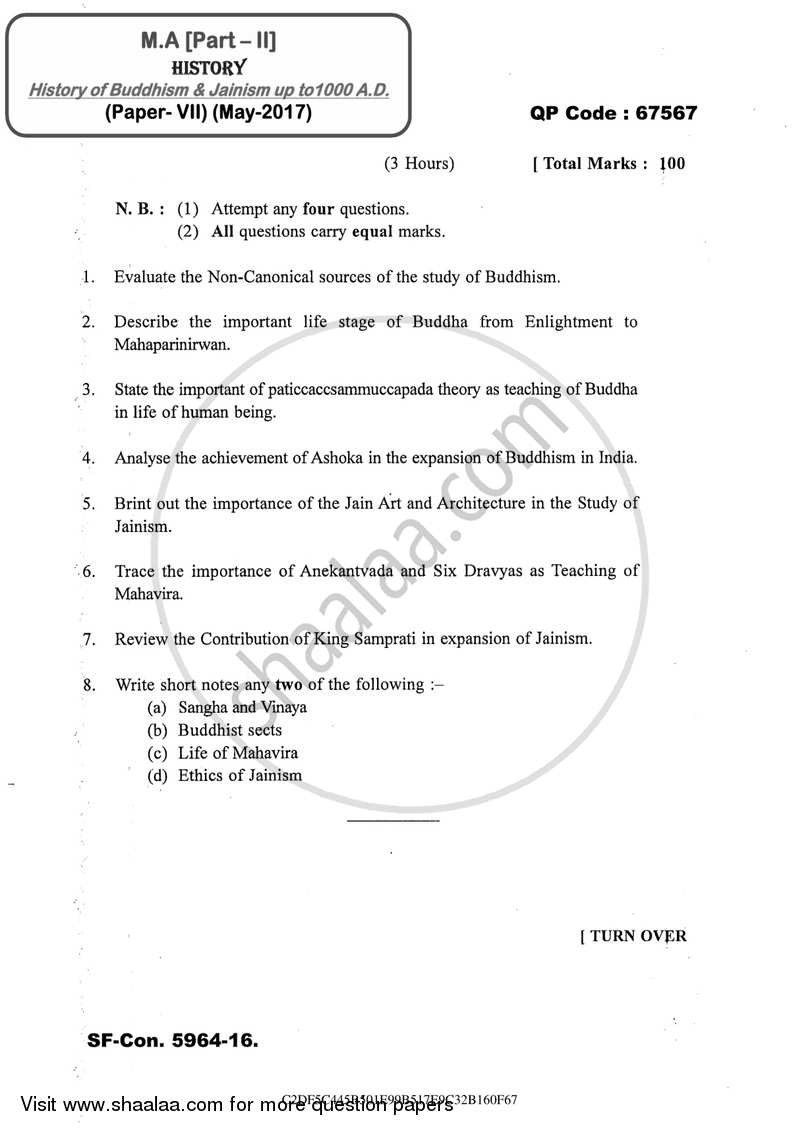 History of Buddhism and Jainism up to 1000 A.D. 2016-2017 - M.A. - Part 2 - University of Mumbai question paper with PDF download